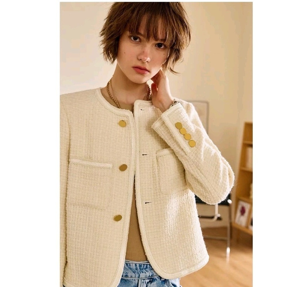 Urban Revivo Tweed Jacket Womens 10 Cream Boucle Gold Button Cropped NWT